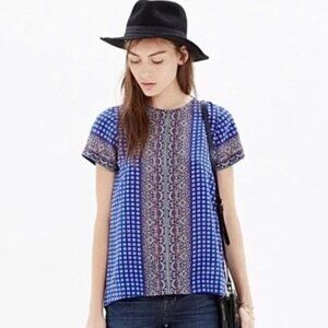 Madewell 100% Silk Geometric Patterned Short Sleeve Bouse